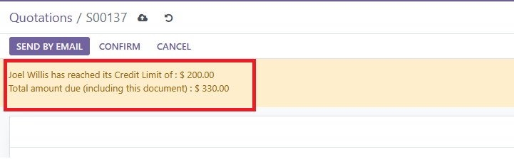 Odoo Credit Warning Message
