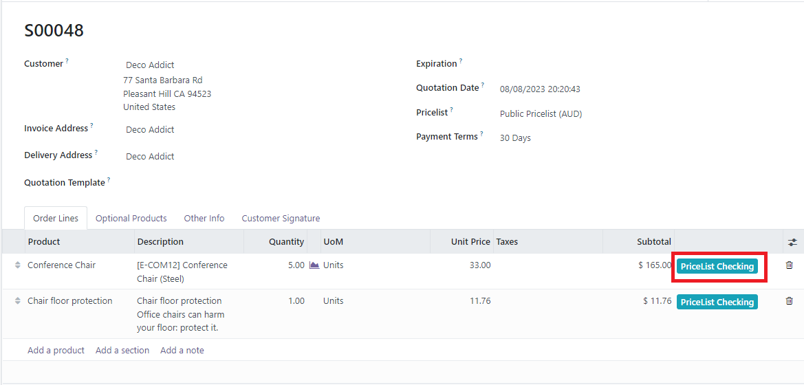 Check unit price from different pricelists