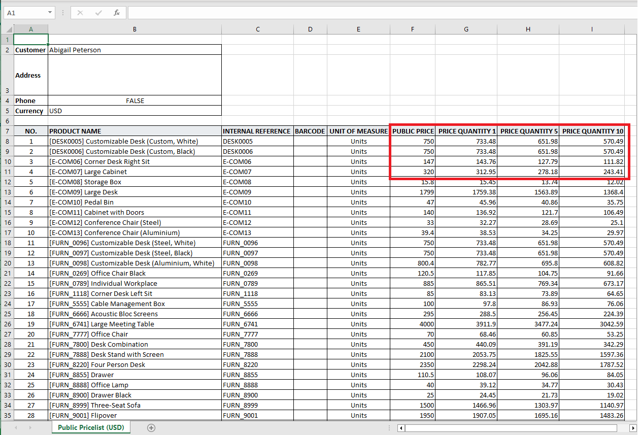 product pricelist excel