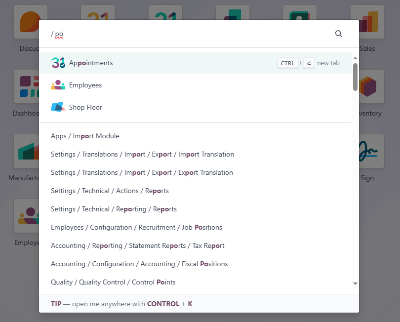 Odoo Search Menu Items