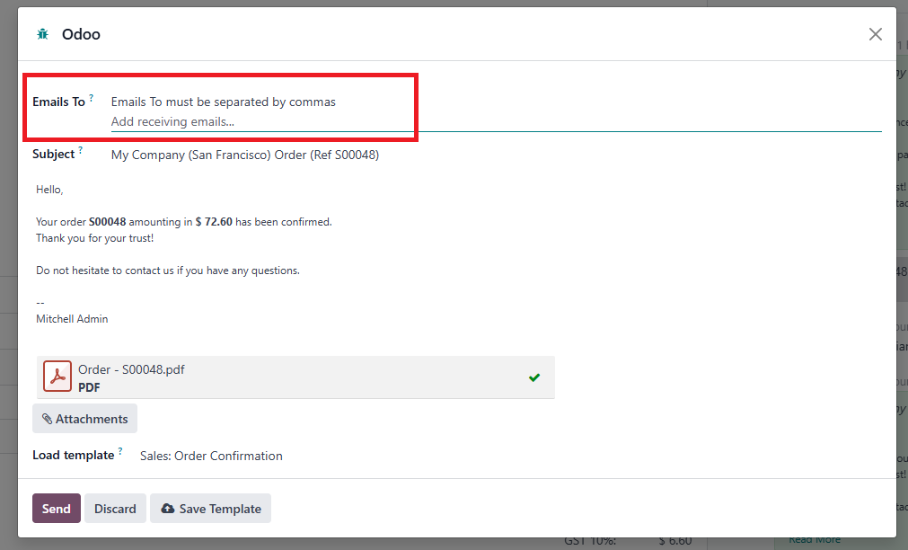 Type email address to send quotation Odoo