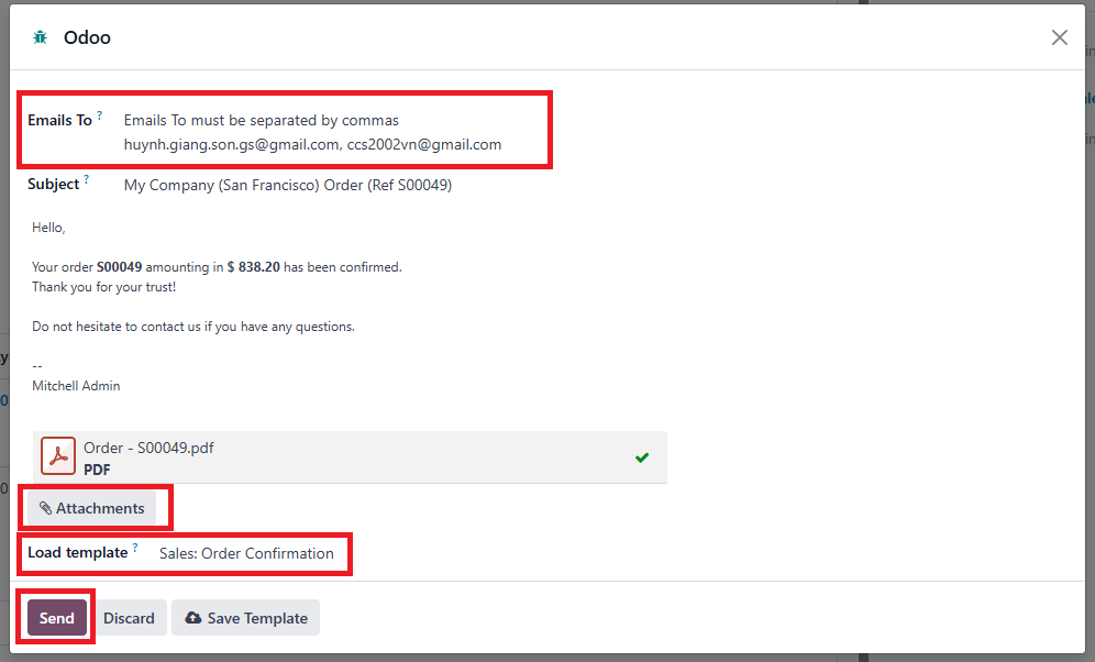 Type email address to send quotation Odoo