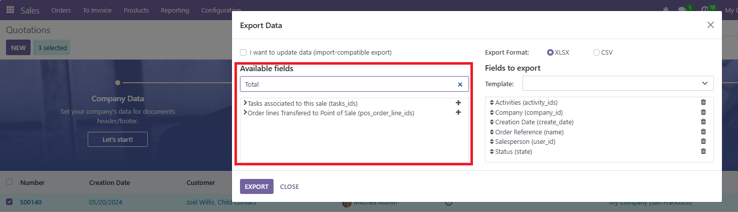List of fields available for data export