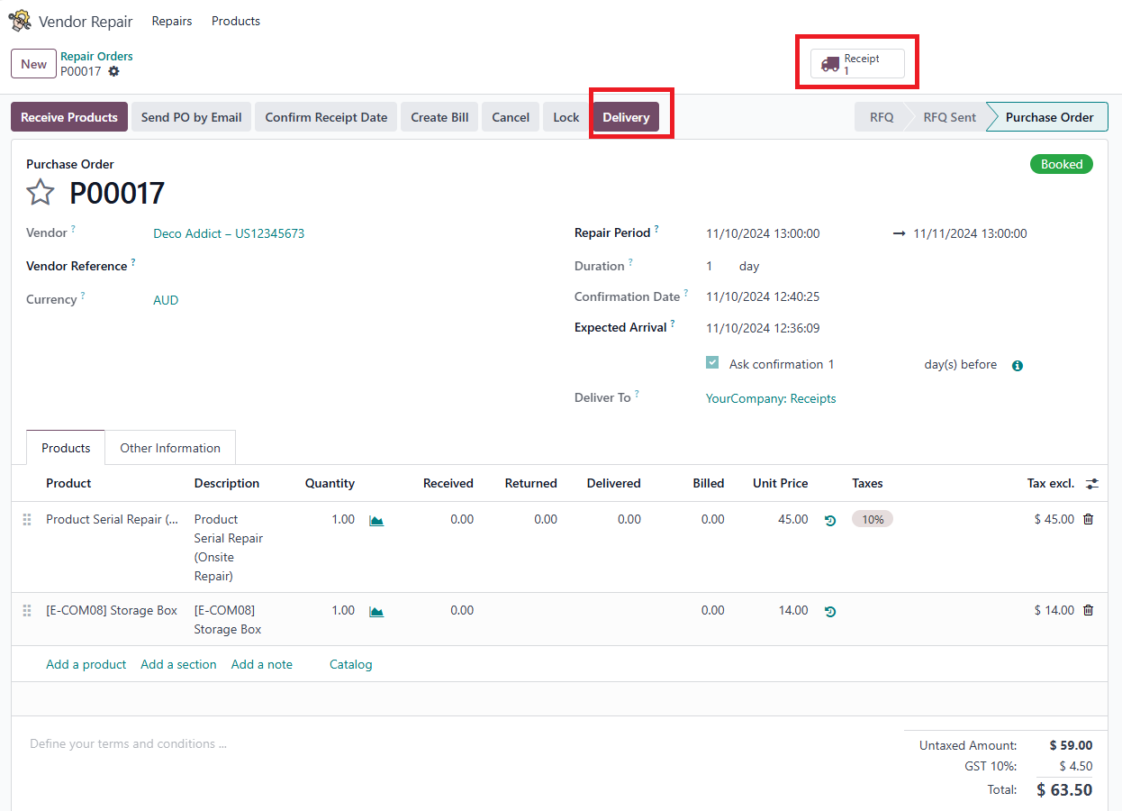 Combine Purchase Order and Repair Order Are Confirmed