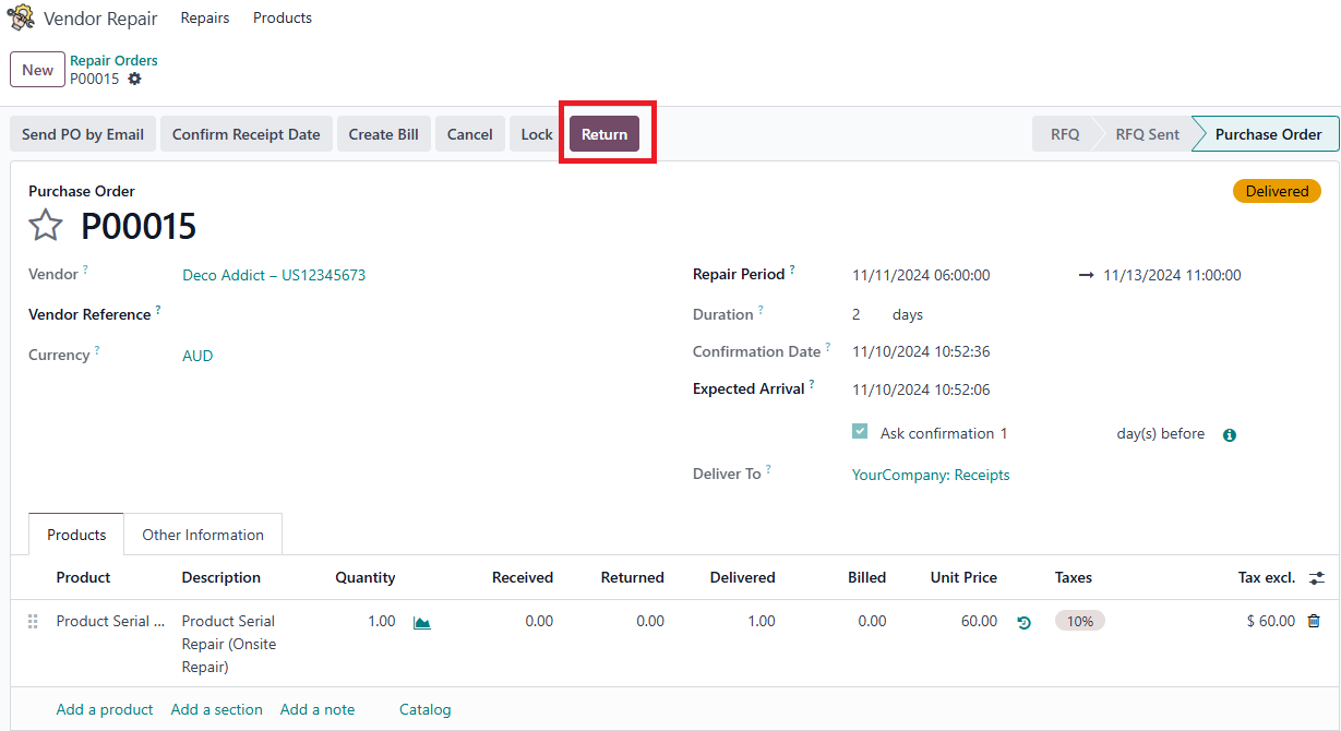 Receive repaired product from vendor