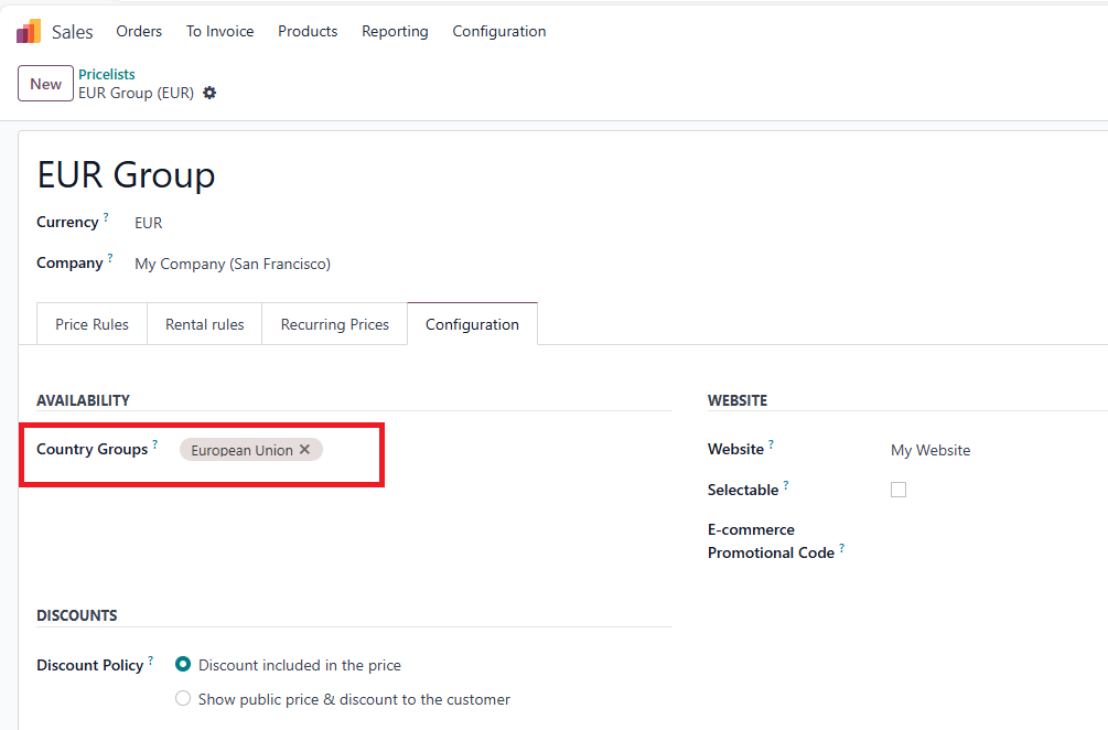 Group Country in Odoo Pricelist