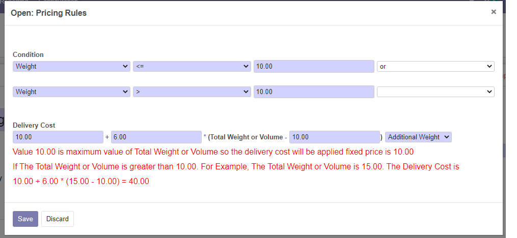 Additional Weight and Additional Volume in Delivery Price Rule